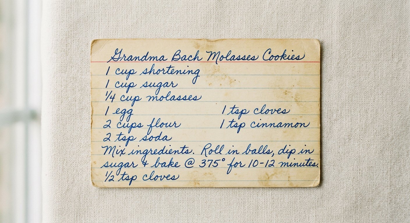 A handwritten recipe card for Grandma Bach's molasses cookies