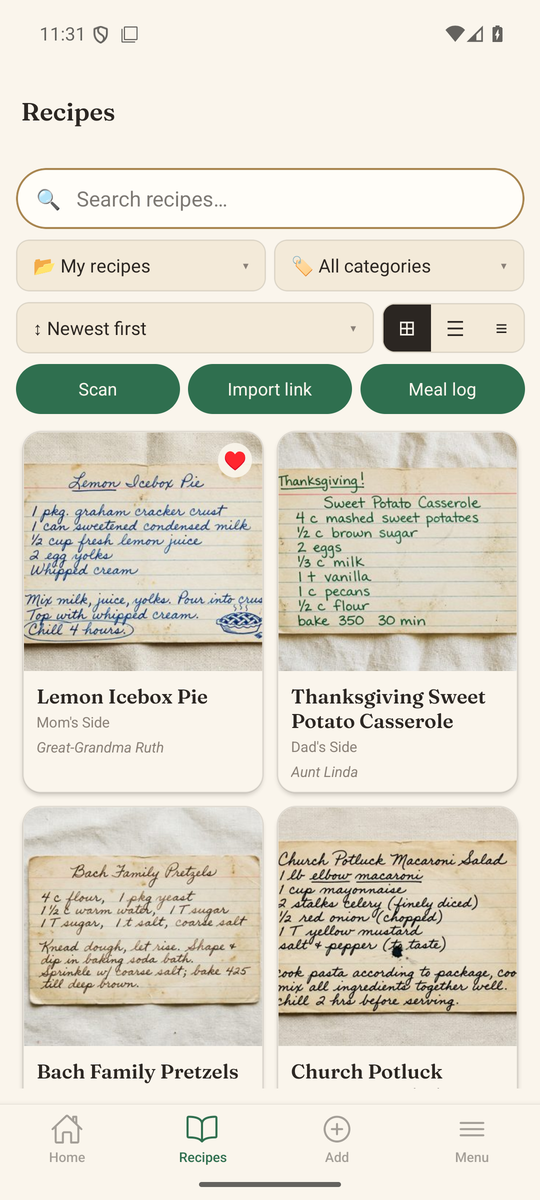 The Library screen, a grid of family recipes