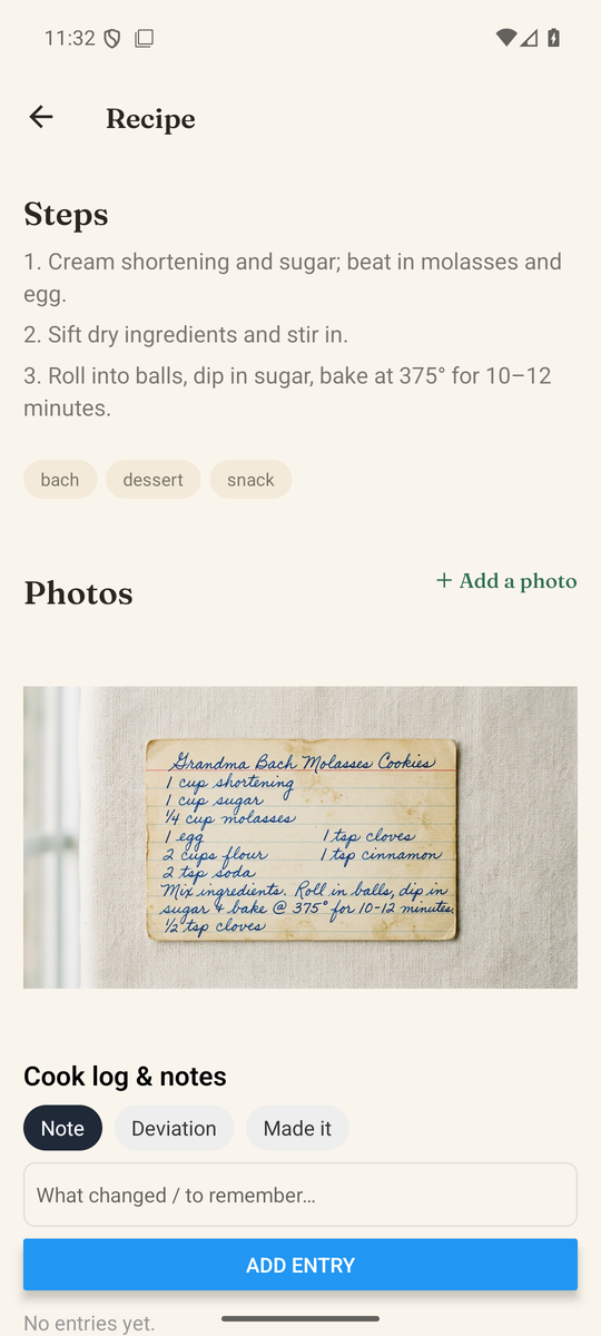 The app showing a scanned recipe next to the photo of the original handwritten card