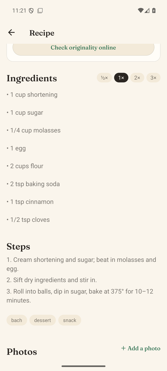 The same recipe in the app, with ingredients and steps