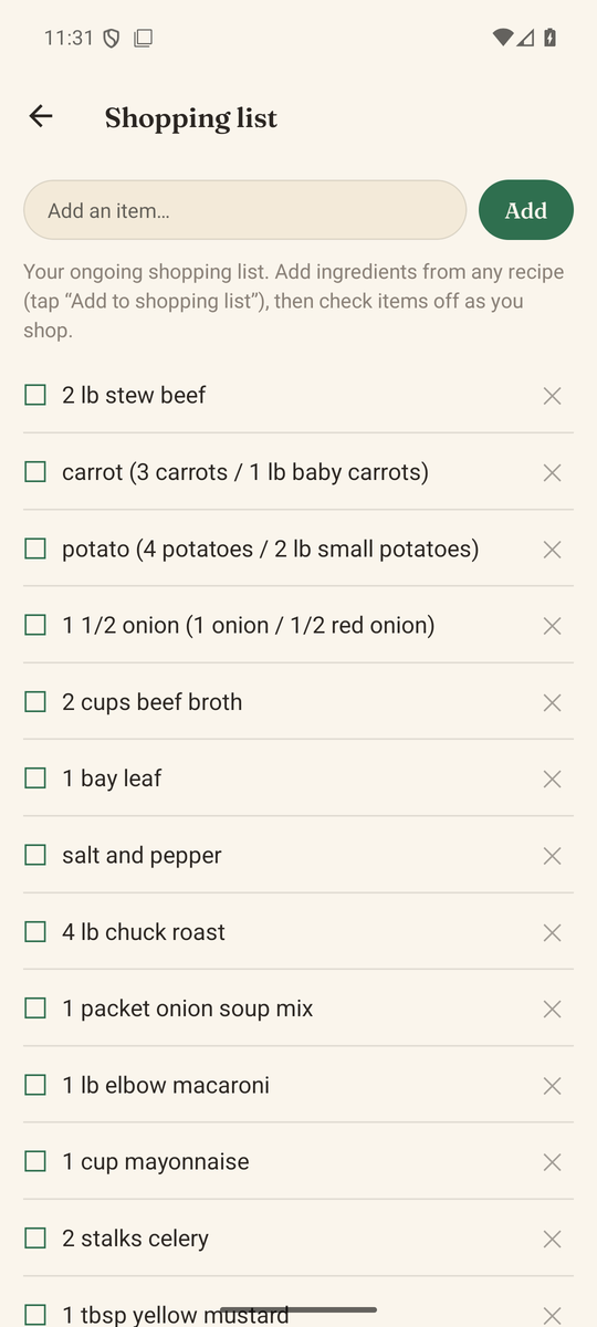 The shopping list, with the onions from three recipes added up on one line